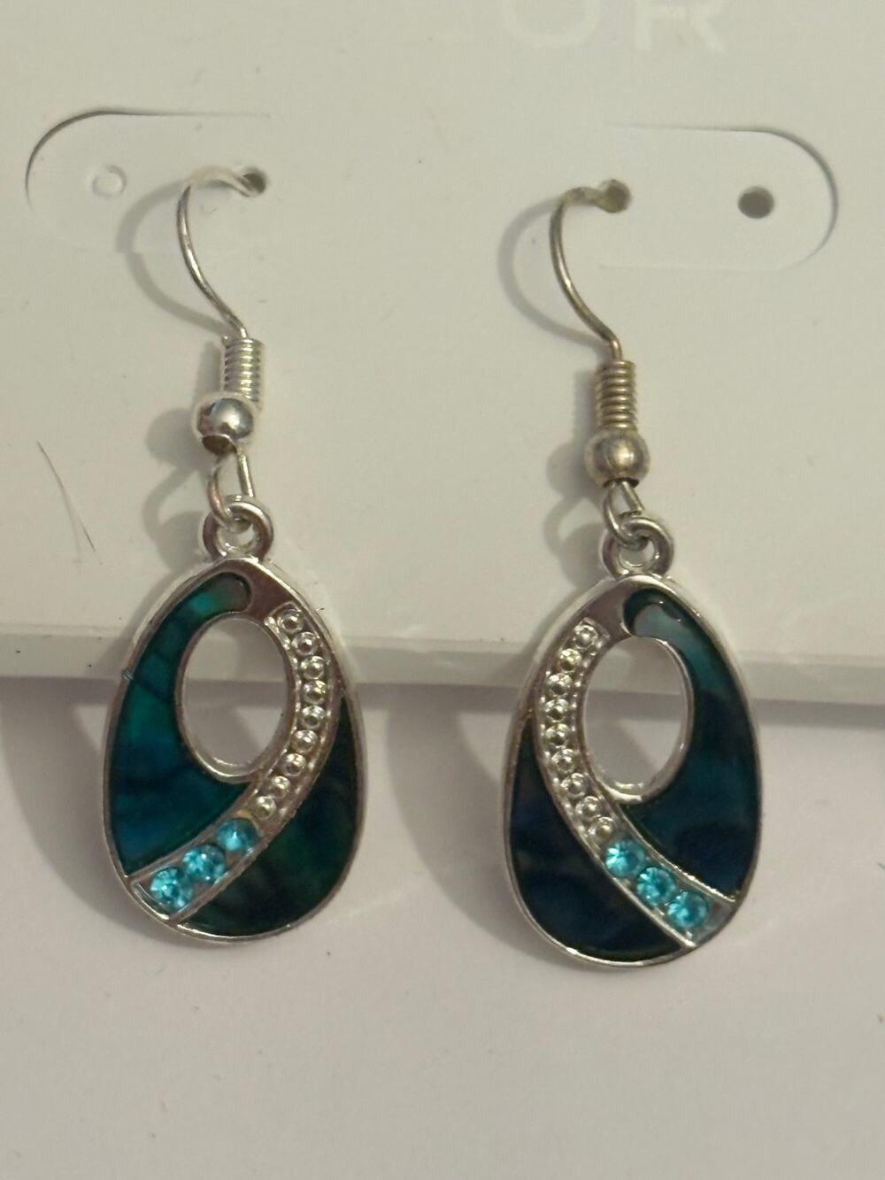 Vintage NOS Blue Abalone Shell Rhinestone Dangle Earrings
